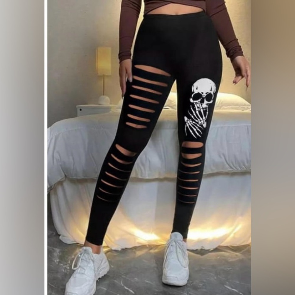 SKULL RIPPED TIGHTS/LEGGINGS  BLACK *NEW* SIZE LARGE